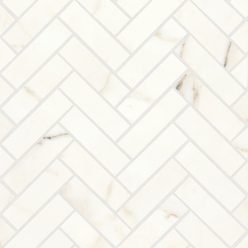 Bedrosians Magnifica 1" x 4" Herringbone Mosaic 12" x 12" Honed Calacatta Oro