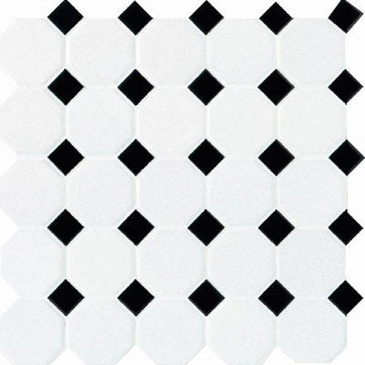 Daltile Octagon & Dot 2" Mosaic 12" x 12" Matte White / Black Dot