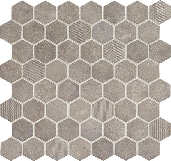 Daltile Fanfare Vintage Hex 1.5" Hexagon Mosaic 12" x 12" Artifact Gray