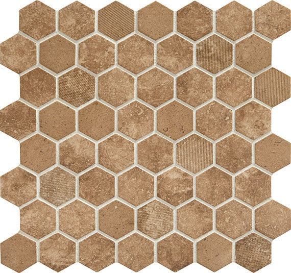Daltile Fanfare Vintage Hex 1.5" Hexagon Mosaic 12" x 12" Legacy Sepia
