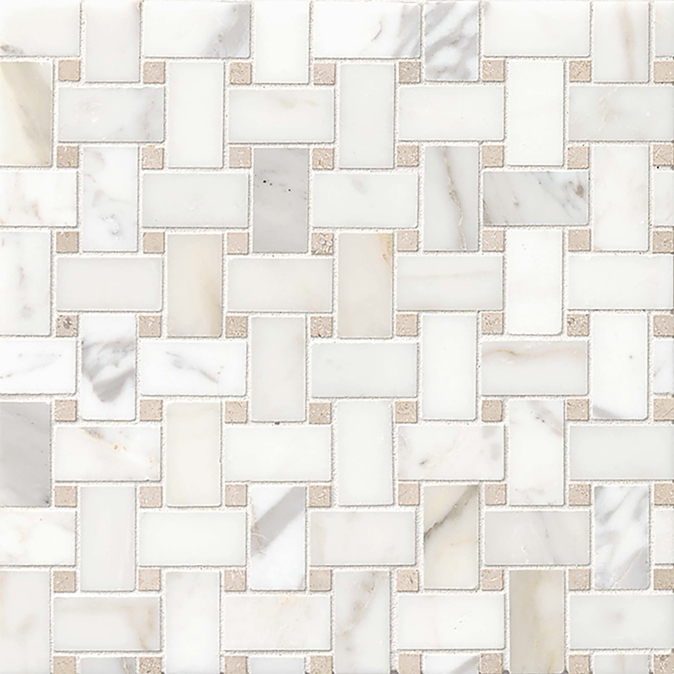 Bedrosians Basket Weave Mosaics 12" x 12" Calacatta Oro and Jura Beige Dot