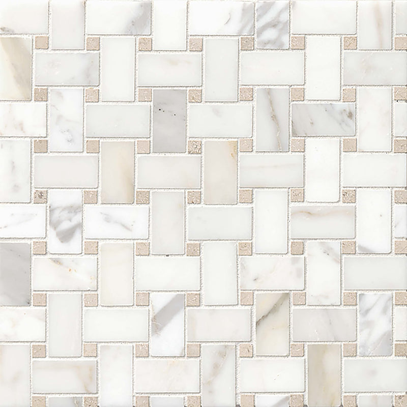 Bedrosians Basket Weave Mosaics 12" x 12" Calacatta Oro and Jura Beige Dot