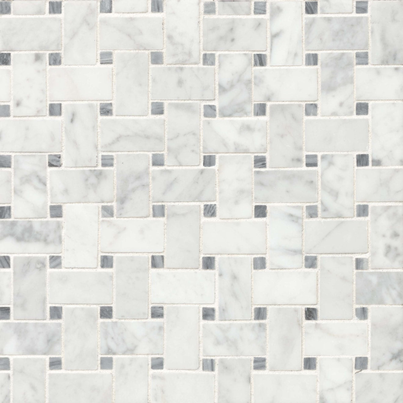 Bedrosians Basket Weave Mosaics 12" x 12" White Carrara and Grey Marble Dot