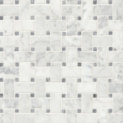 Bedrosians Basket Weave Mosaics 12" x 12" White Carrara and Grey Marble Dot