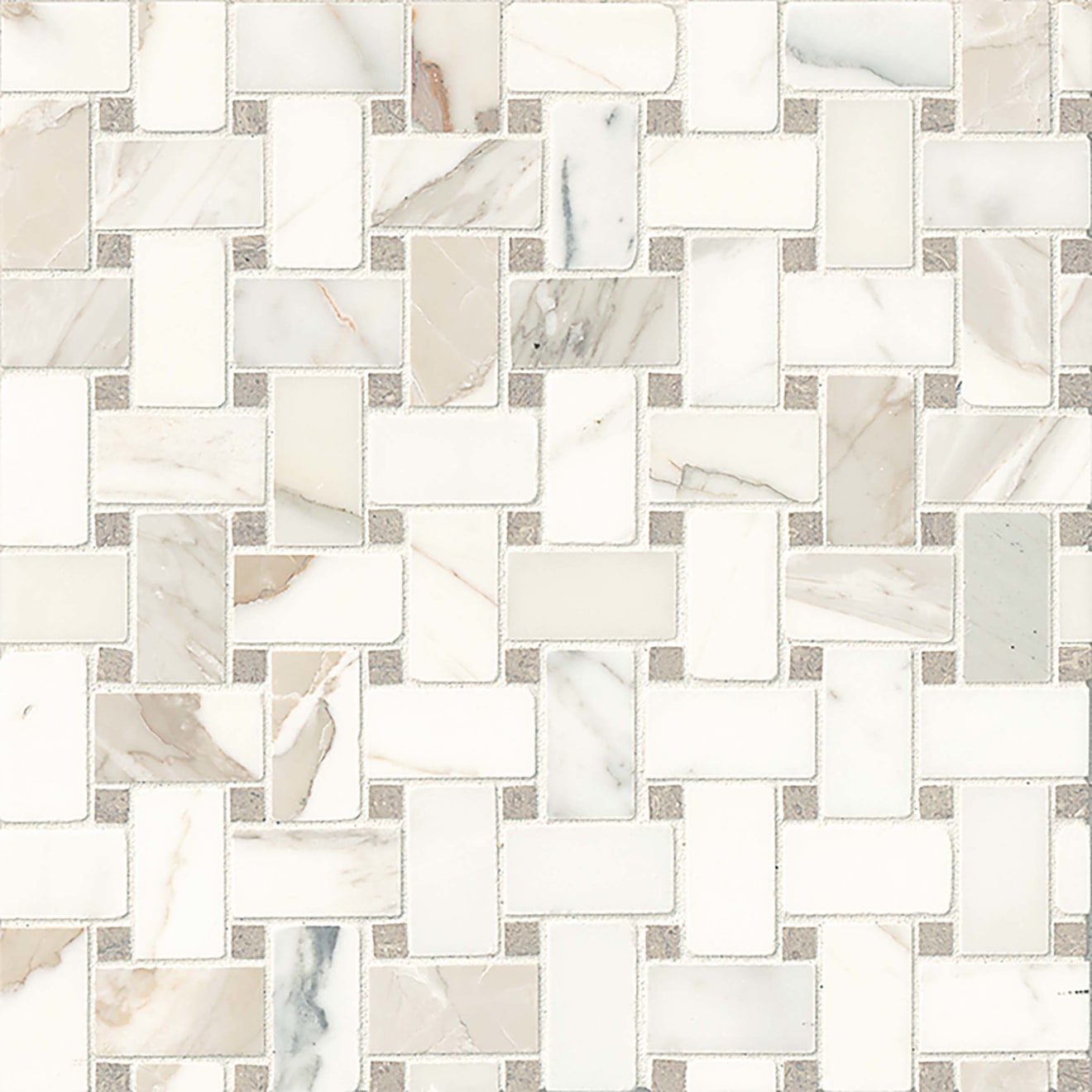 Bedrosians Basket Weave Mosaics 12" x 12" Calacatta Oro and Seagrass Dot