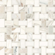 Bedrosians Basket Weave Mosaics 12" x 12" Calacatta Oro and Seagrass Dot