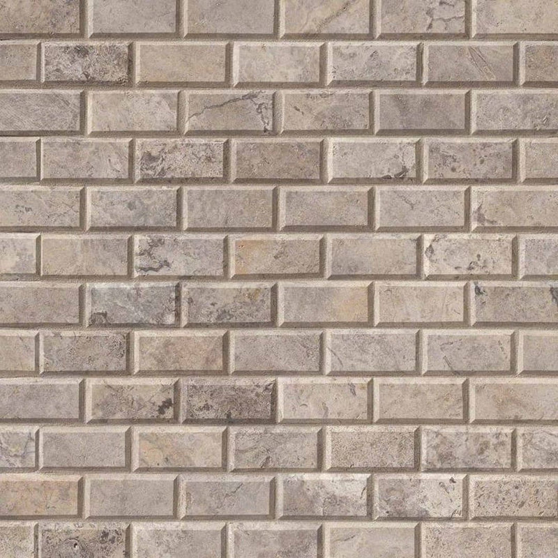 MS International Travertine 12" x 12" Mosaic 2" x 4" Silver